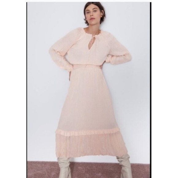 ZARA Peach Pink Maxi Pleated Voluminious Dress Size S - Picture 2 of 13